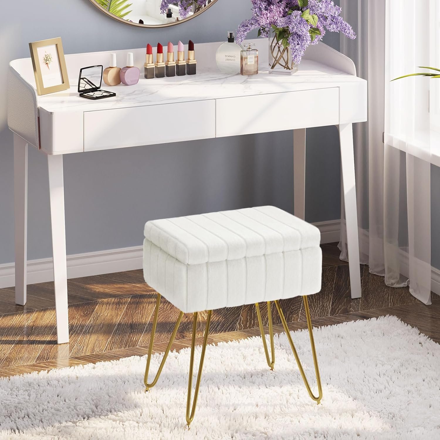 Faux fur dressing stool with storage - Image 2